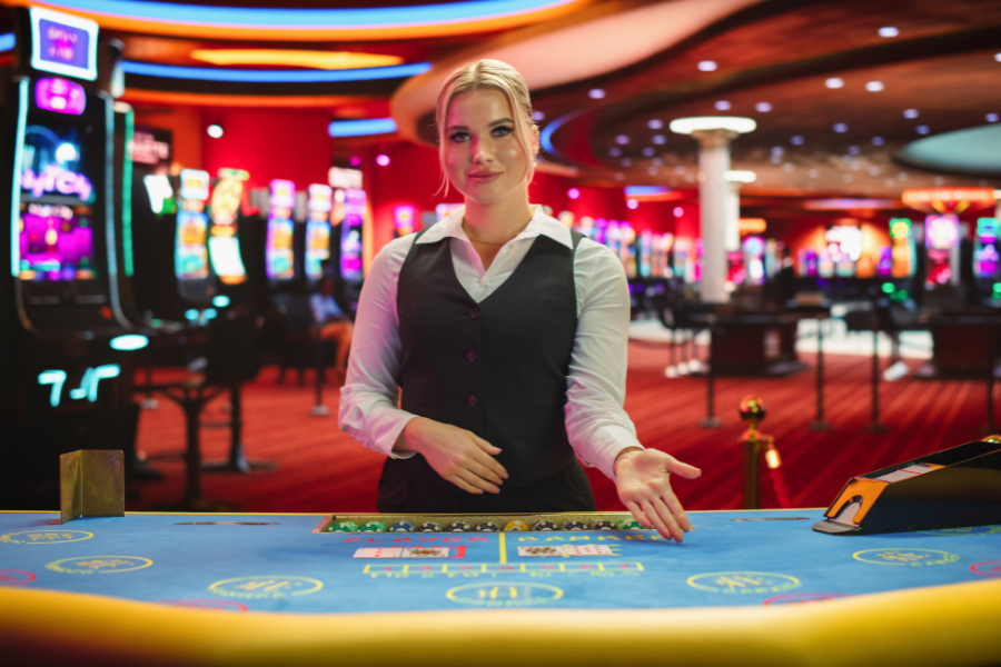 a woman playing a live dealer game at a casino